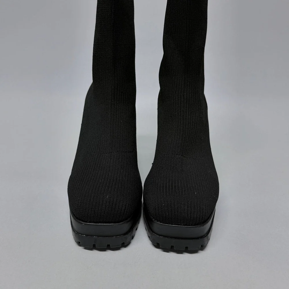 Forever 21 Black Ribbed Knit Sock Boots Platform Lug Sole Block Heel Ankle Boots